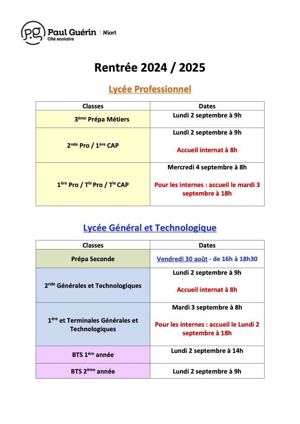 Calendrier Rentree eleves 2024 2025