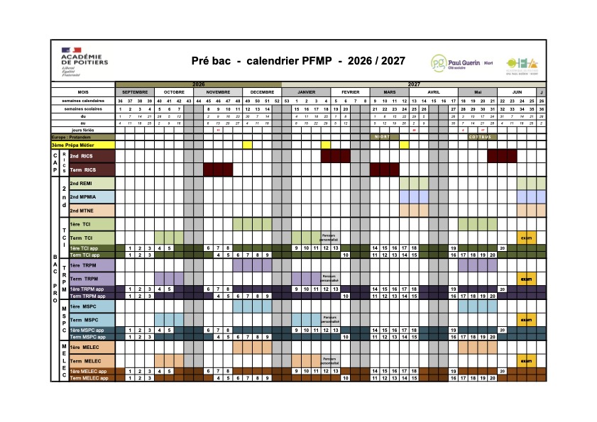 calendrier PFMP BcP CAP 3PM LP Paul Guerin 2026 2027
